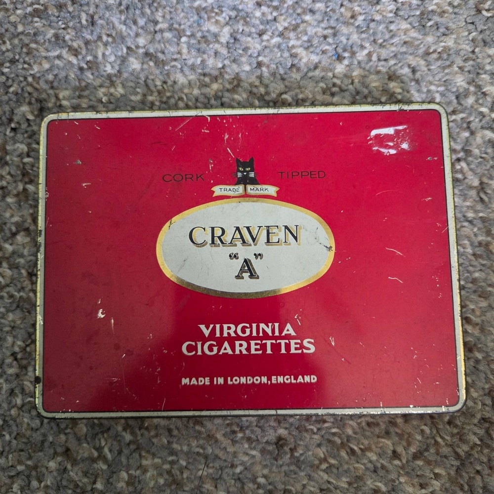 Vintage Craven A Virginia Cigarettes Tin Carreras Limited London Black Cat Red